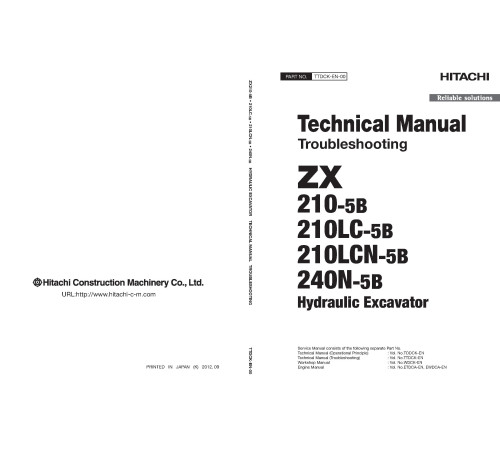 Hitachi Zaxis 210-5B, Zaxis 210LC-5B, Zaxis 210LCN-5B and Zaxis 240N-5B Crawler Excavator set of Service Manuals